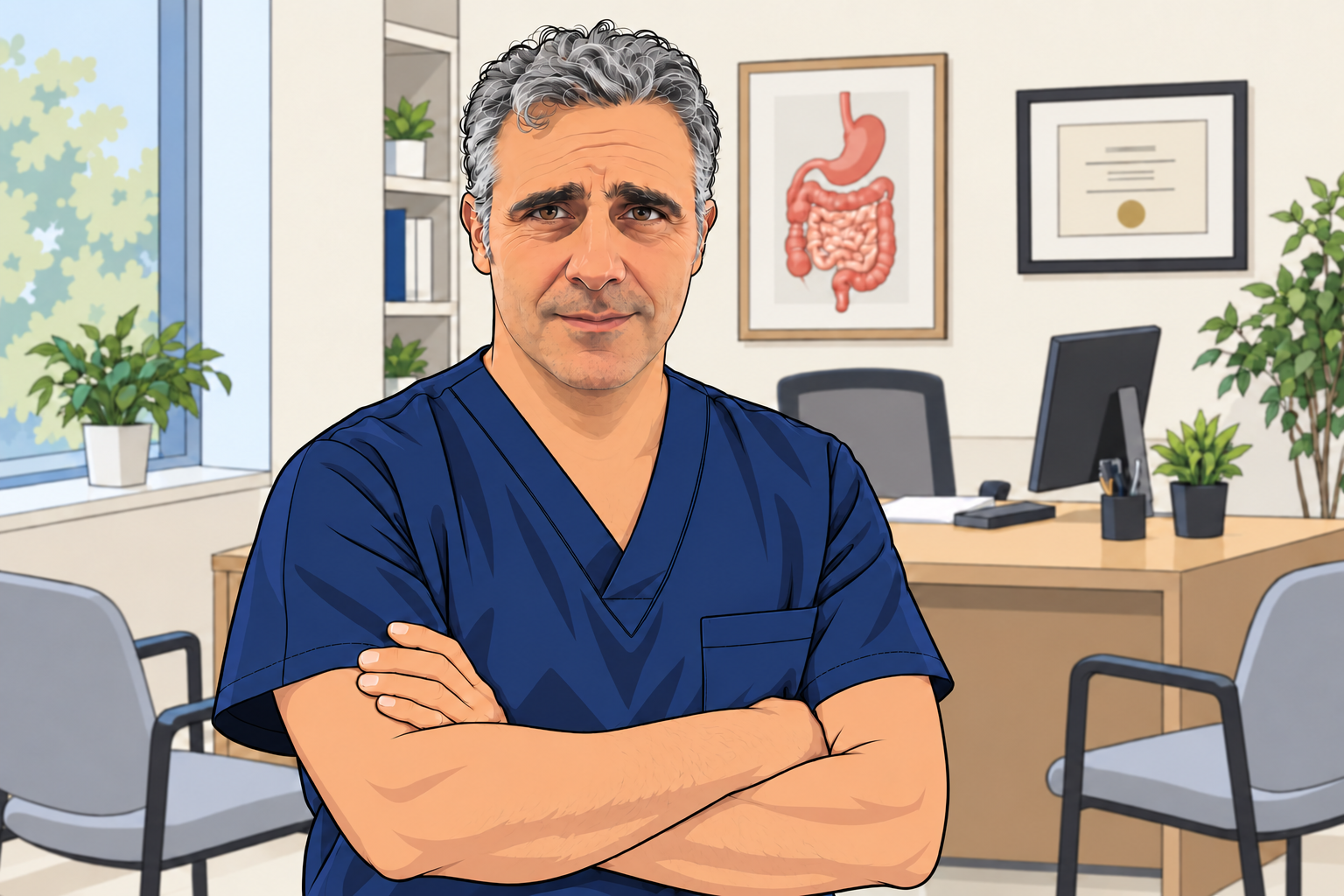 Ilustración del Dr. Alan Colomo en su consulta